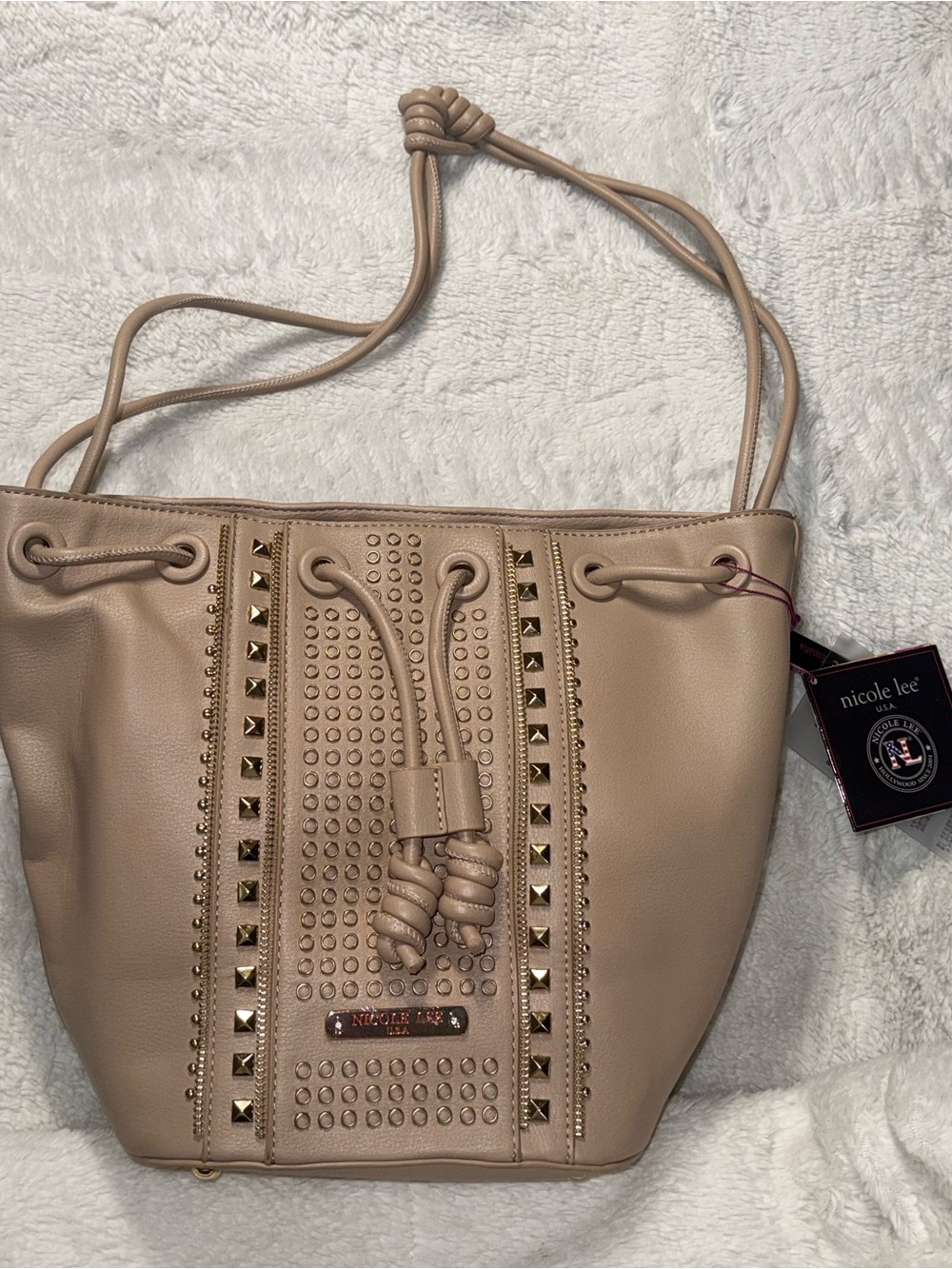NWT Nicole Lee USA Beige Studded Drawstring Bucket Bag